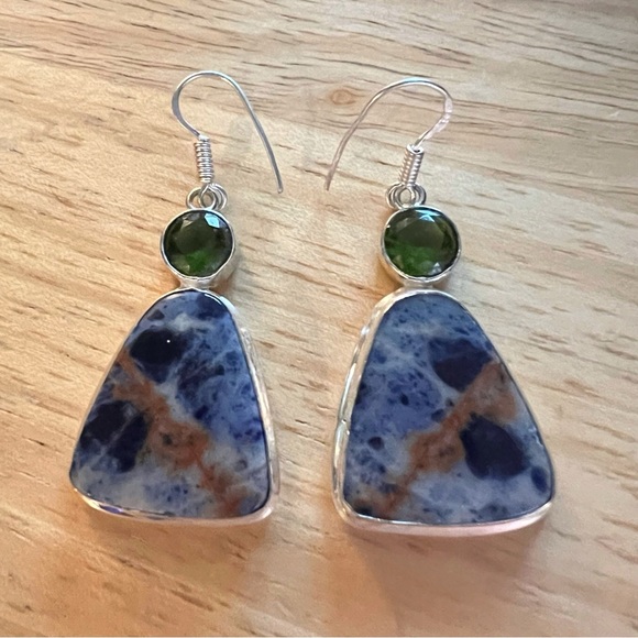 New Sodalite Stone Silver Overlay Hook Earrings - Picture 4 of 9